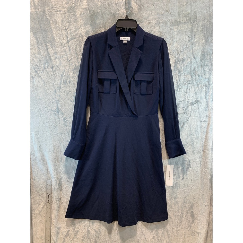 Calvin Klein Navy Blue Long Sleeve Surplice A-Line Utility Dress CD5C1HJ0 Size 4